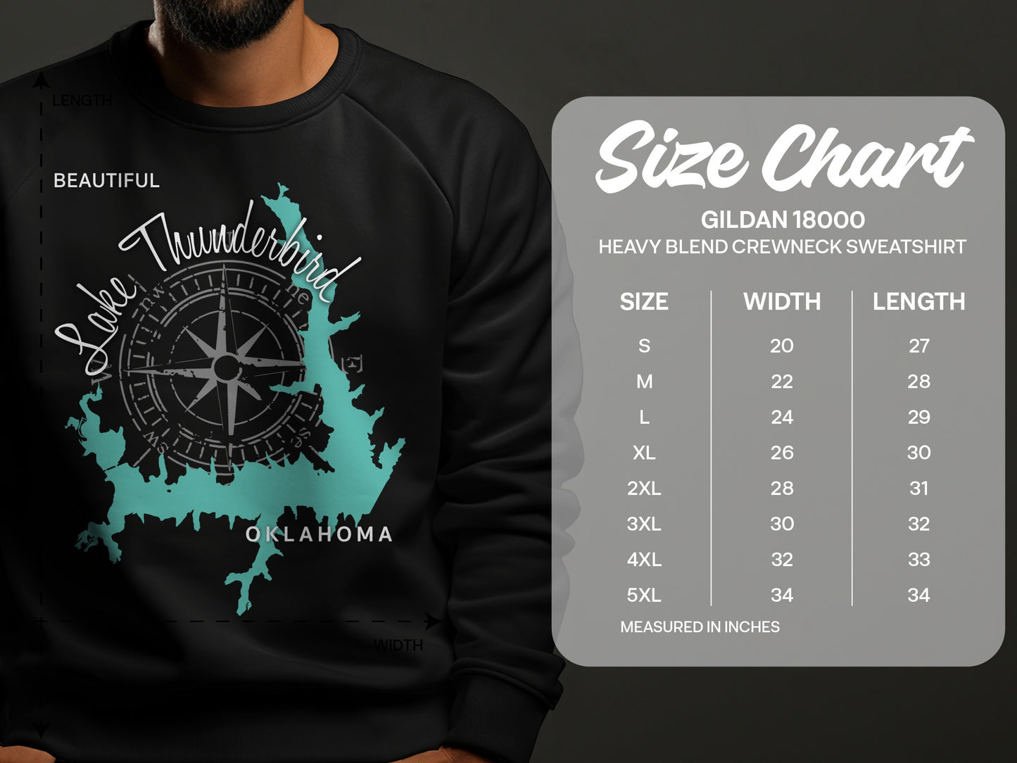 Lake Thunderbird Oklahoma sweatshirt size chart and graphic.