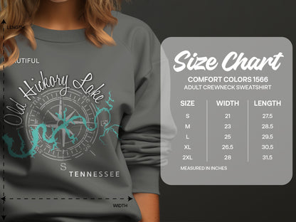 Size chart for Comfort Colors 1566 adult crewneck sweatshirt.