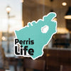 Teal sticker with "Perris Life" text and Lake Lodge Media LLC copyright.