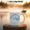 White mug with "Choke Canyon Lake Texas" and compass map design.