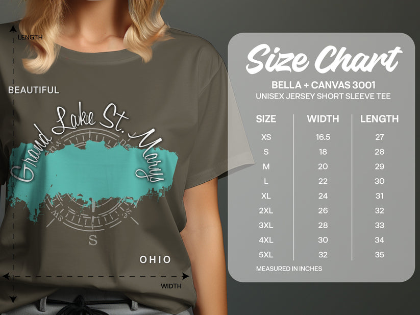 T-shirt size chart with measurements and a graphic of Grand Lake St. Marys, Ohio.