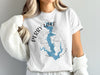 White t-shirt with Perry Lake Kansas map and compass graphic.