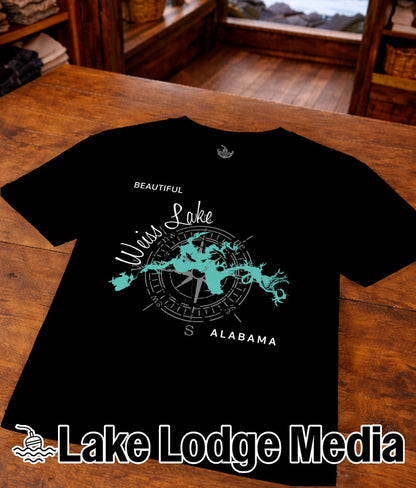 Black t-shirt with a compass rose design centered on "Weiss Lake ALABAMA."