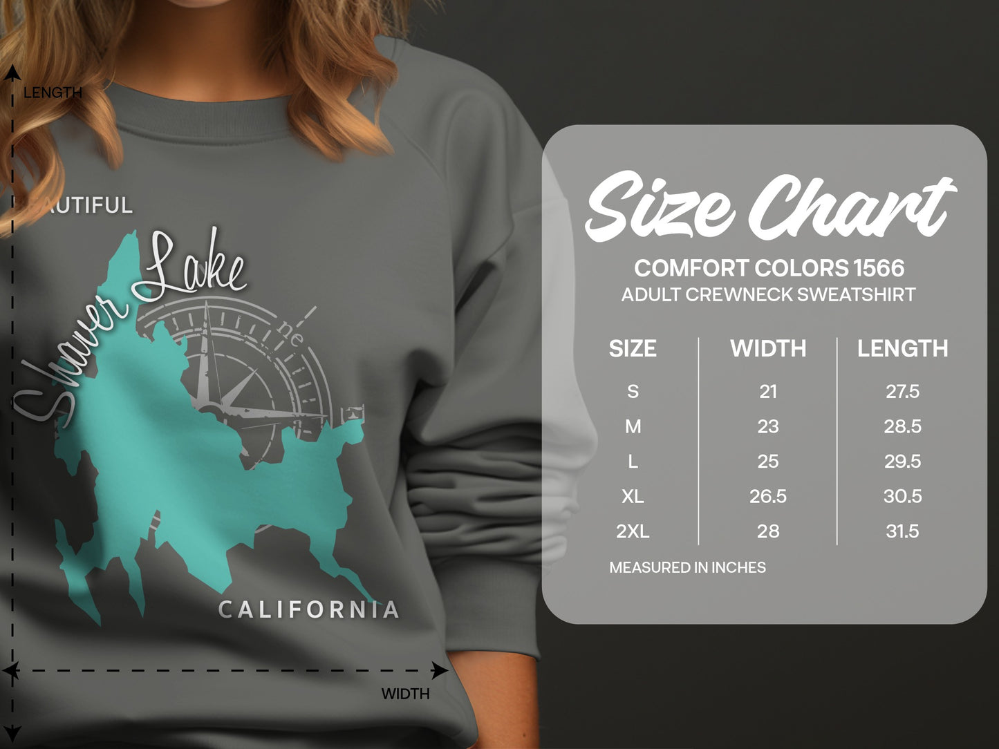 Size chart for Shaver Lake California adult crewneck sweatshirt.