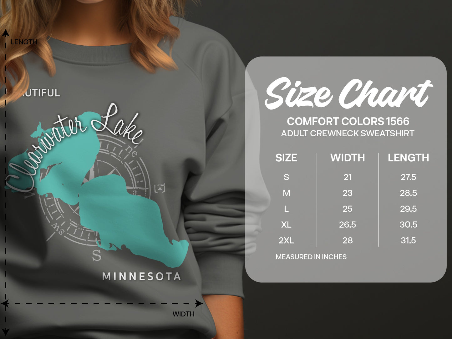 Clearwater Lake Minnesota graphic on gray sweatshirt size chart.