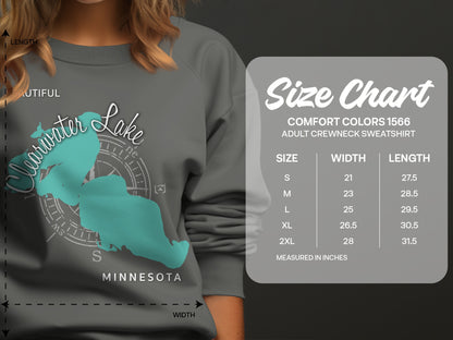 Clearwater Lake Minnesota graphic on gray sweatshirt size chart.