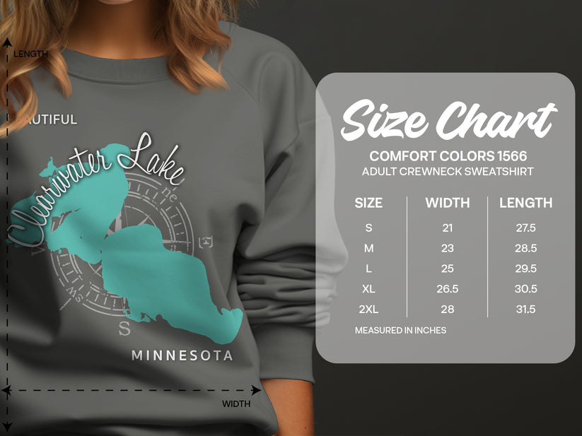 Clearwater Lake Minnesota graphic on gray sweatshirt size chart.
