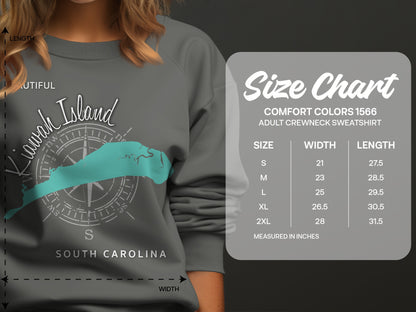 Size chart for Comfort Colors 1566 adult crewneck sweatshirt with measurements.