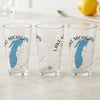 Three clear glasses with blue Michigan map, compass rose, and "Lake Michigan Wisconsin" text.