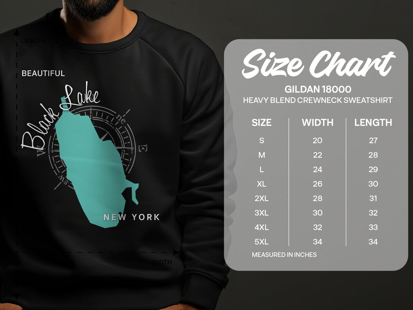 Black Lake New York map graphic on Gildan 18000 sweatshirt size chart.