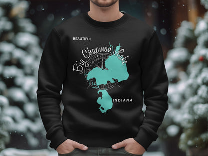 Black sweatshirt with "Beautiful Big Chapman Lake Indiana" map design.