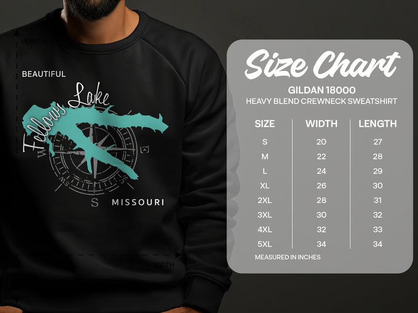 Size chart for Gildan 18000 heavy blend crewneck sweatshirt.