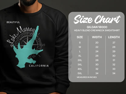 Lake Murray California graphic on a black sweatshirt, with size chart.