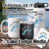 Mug, tumbler, and water bottle with "Lake Monroe" map design on wooden surface.