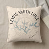 Pillow with Lewis Smith Lake Alabama map and compass design.