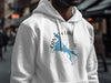 White hoodie with a blue map of Canyon Lake, Arizona and compass graphic.