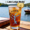 Glass of iced tea with Lake Burton map graphic and lemon slice.