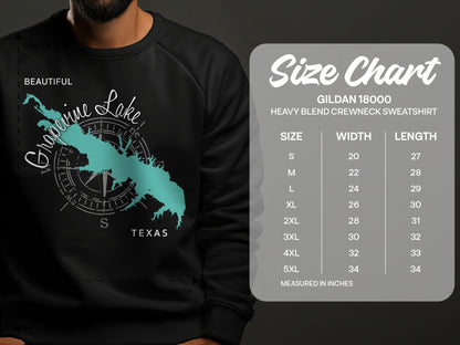 Grapevine Lake Texas graphic on a Gildan sweatshirt, with a size chart.