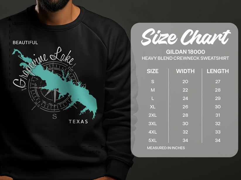 Grapevine Lake Texas graphic on a Gildan sweatshirt, with a size chart.