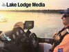 Man in boat at sunset, fish finder, and text "Lake Lodge Media" and "Panorama Life".