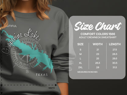Grapevine Lake sweatshirt size chart with measurements for adult crewneck.