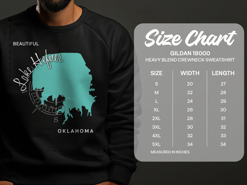 Gildan 18000 sweatshirt size chart with "Lake Hefner Oklahoma" graphic.