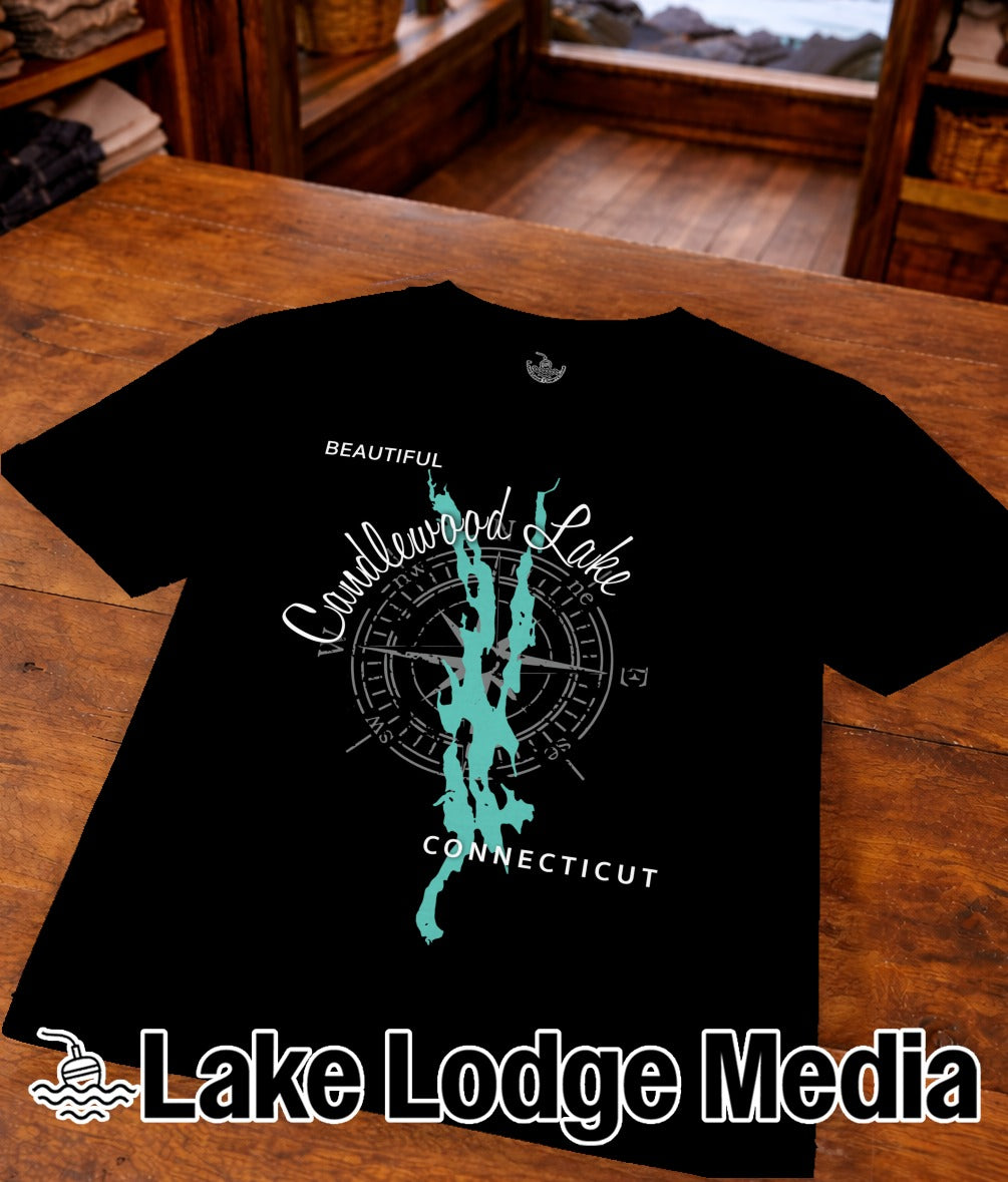 Black t-shirt with compass graphic and "Candlewood Lake Connecticut" text.