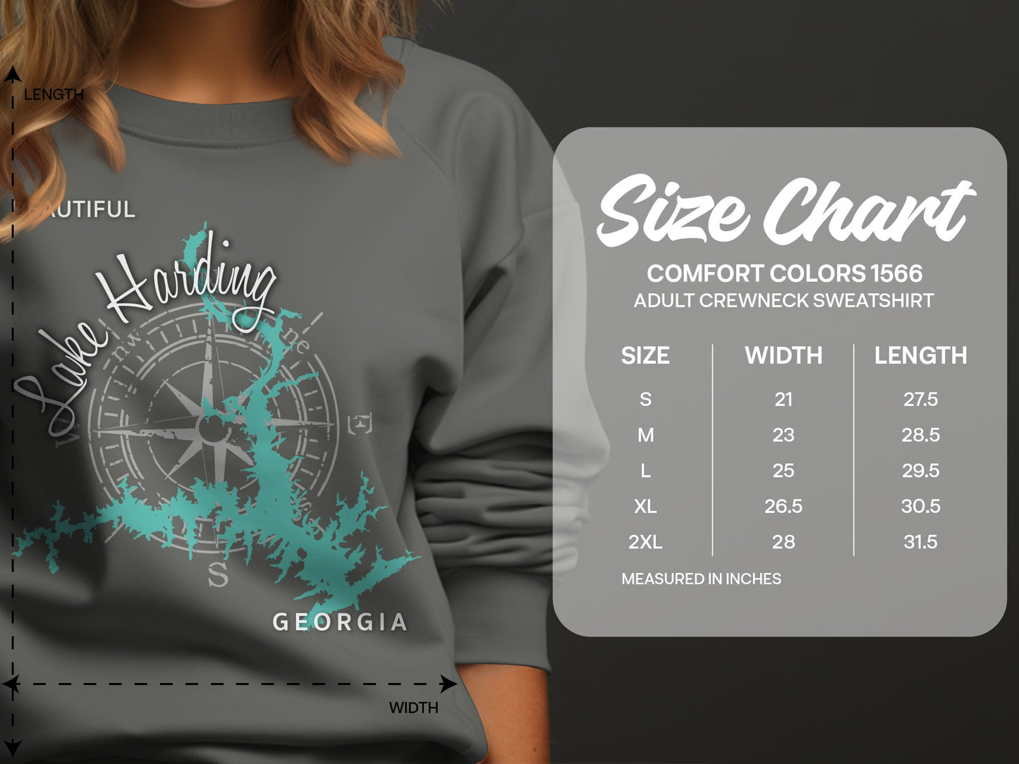 Comfort Colors 1566 sweatshirt size chart with dimensions for Lake Harding, Georgia.