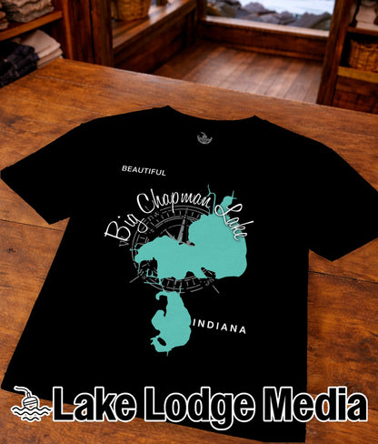 Black t-shirt featuring a map of Big Chapman Lake, Indiana, and "Lake Lodge Media" logo.