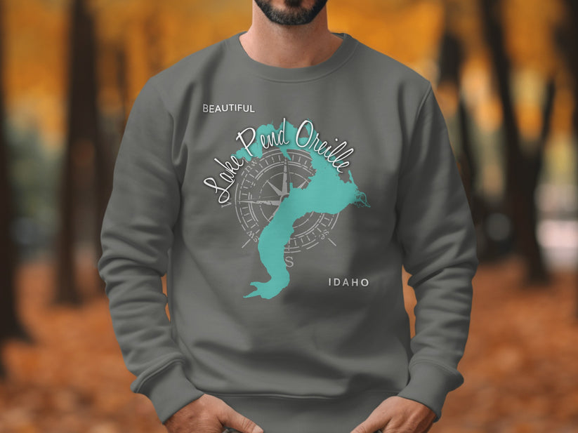 Sweatshirt featuring "Beautiful Lake Pend Oreille Idaho" and a compass rose graphic.