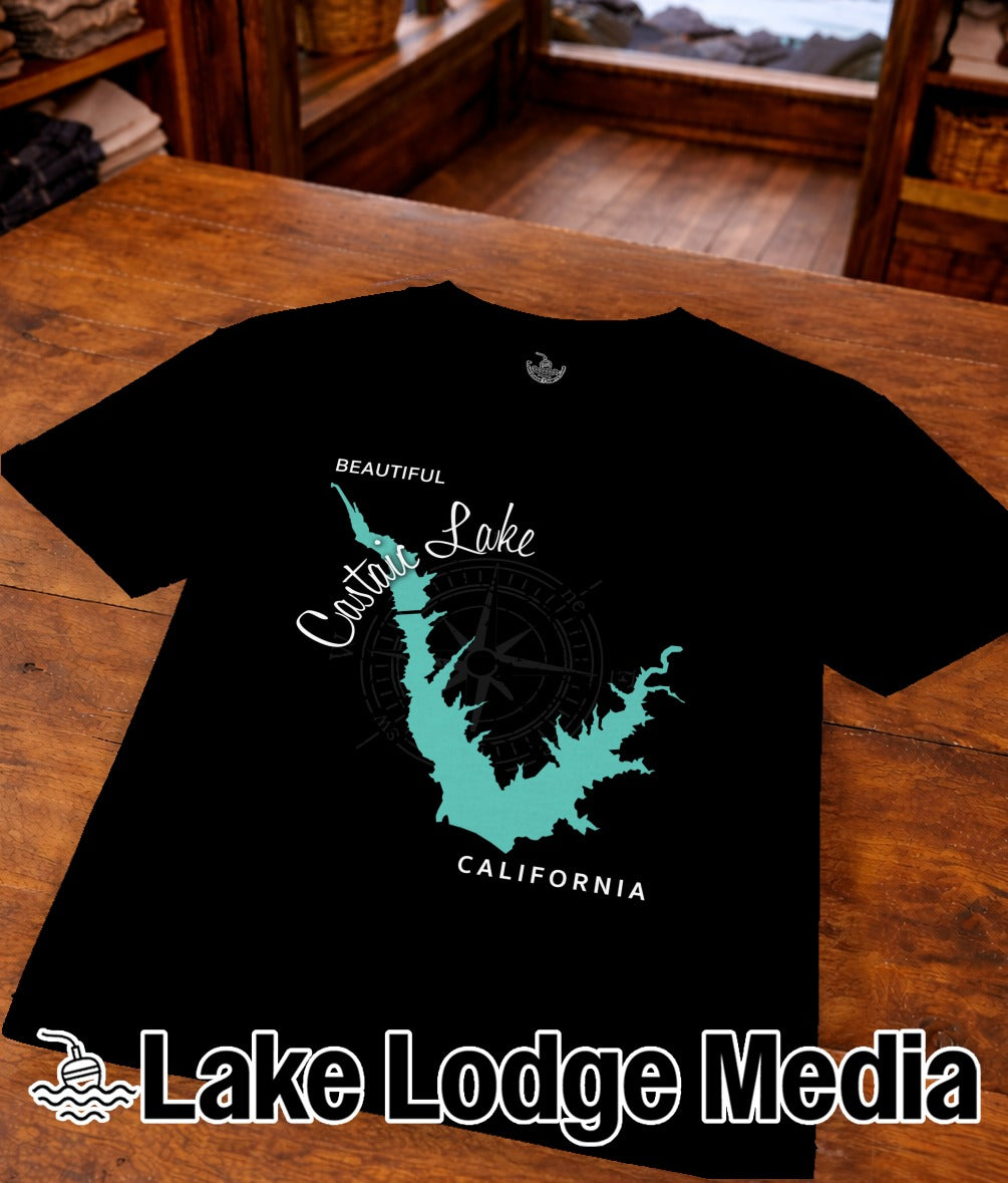 Black t-shirt with teal outline of Clear Lake, California.