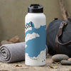 White water bottle with blue map graphic featuring "AKE" and "AR".