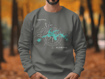 Grey sweatshirt with a compass rose design and "Beautiful Weiss Lake Alabama" text.