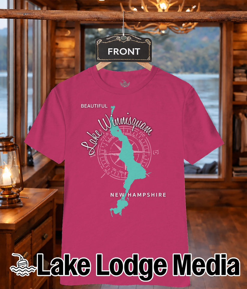 Pink t-shirt with "Lake Winnipesaukee New Hampshire" and a compass rose graphic.