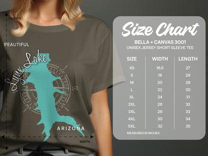 T-shirt size chart for Bella + Canvas 3001 with lake graphic.