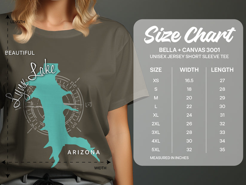 T-shirt size chart for Bella + Canvas 3001 with lake graphic.