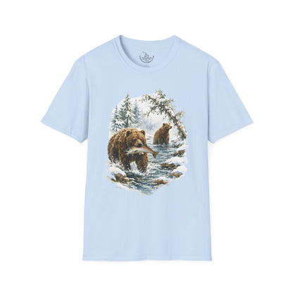Kodiak Winter Brown Bear Fishing T-Shirt | Wildlife Salmon Catch Nature Lover Tee | Rustic Forest Animal Art Gift Shirt