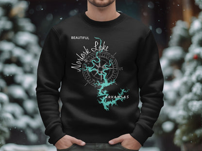 Black sweatshirt featuring "Beautiful Norfolk Lake Arkansas" map and compass graphic.