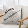 Pillow with Lake Clark Alaska map and compass design.