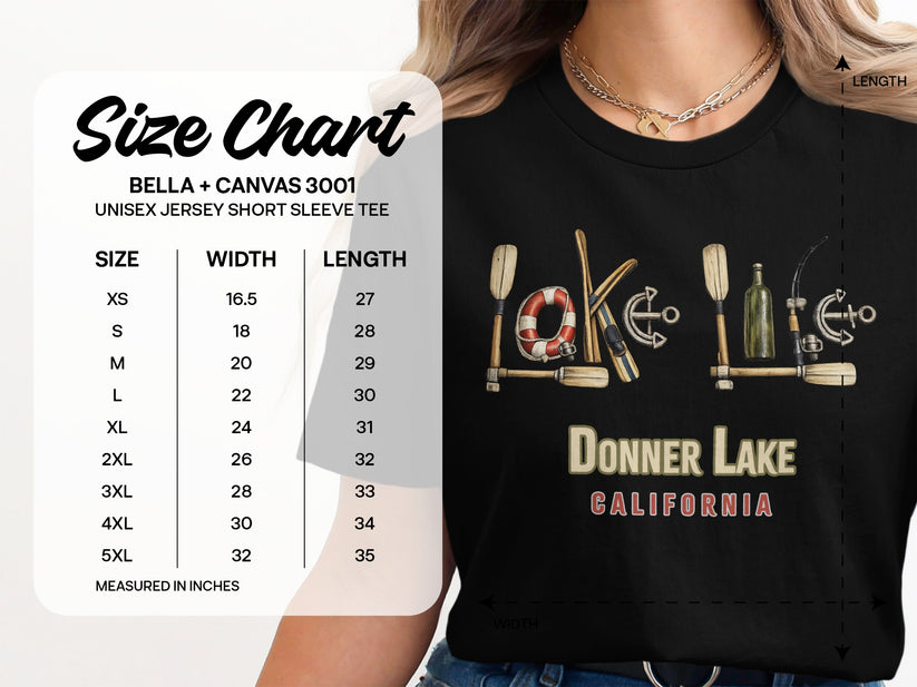 Size chart for a t-shirt with "Donner Lake California" and a lake graphic.
