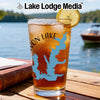 Glass of iced tea with blue lake map graphic and text "Lake Lodge Media".