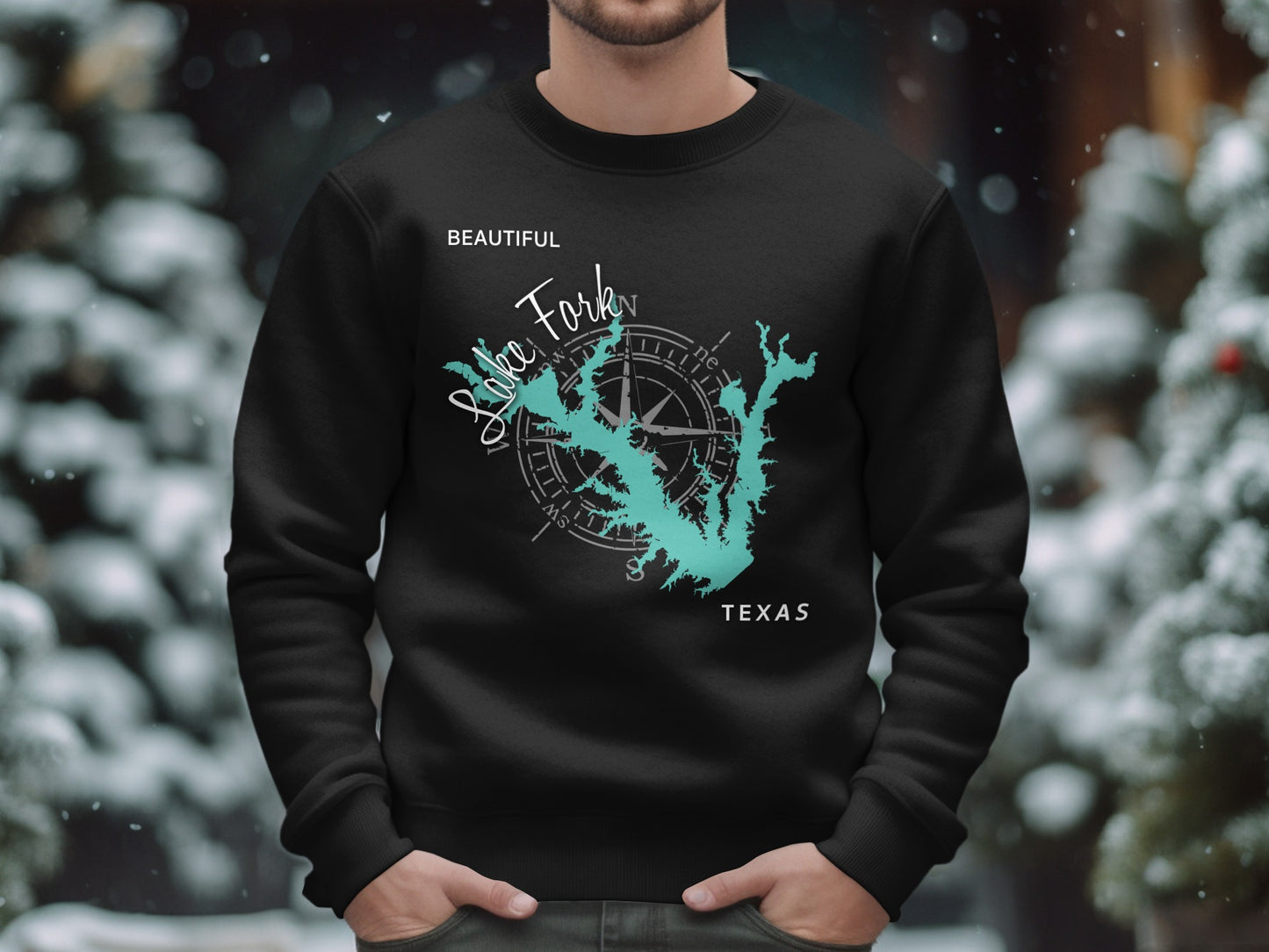 Black sweatshirt with turquoise Lake Fork, Texas map and compass design.