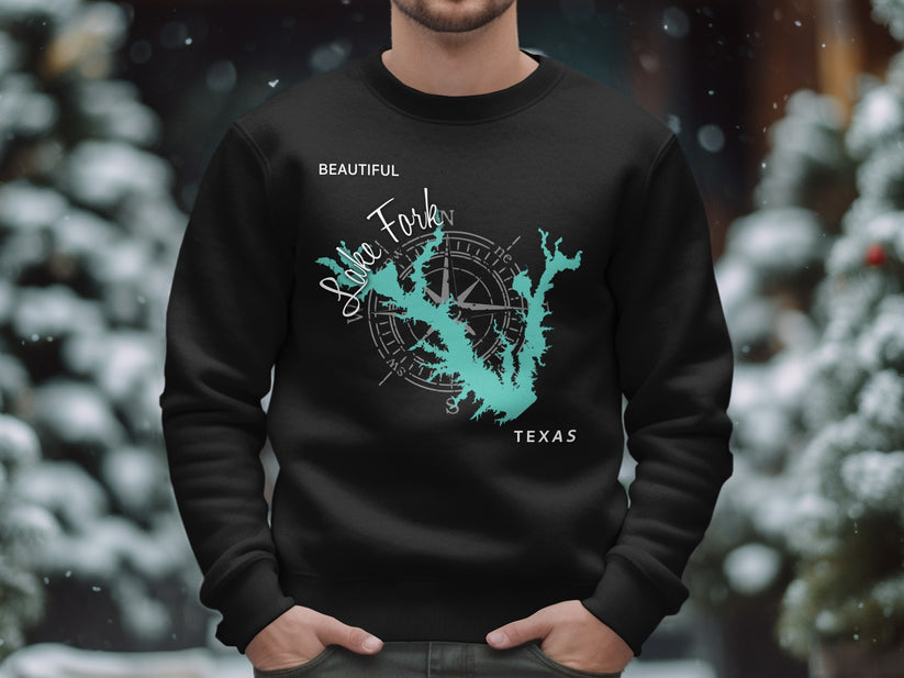Black sweatshirt with turquoise Lake Fork, Texas map and compass design.