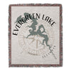 Woven blanket featuring Evergreen Lake map, compass rose, and Illinois text.