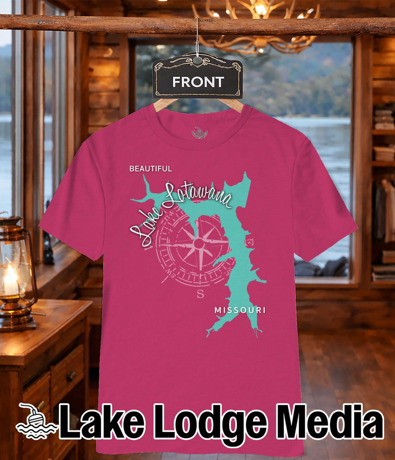 Pink t-shirt with Lake Lotawana, Missouri compass design.