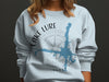 White sweatshirt with blue lake map and text "Lake Lure North Carolina"
