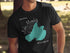 Black t-shirt with Lake Mendota, Wisconsin map and compass design.