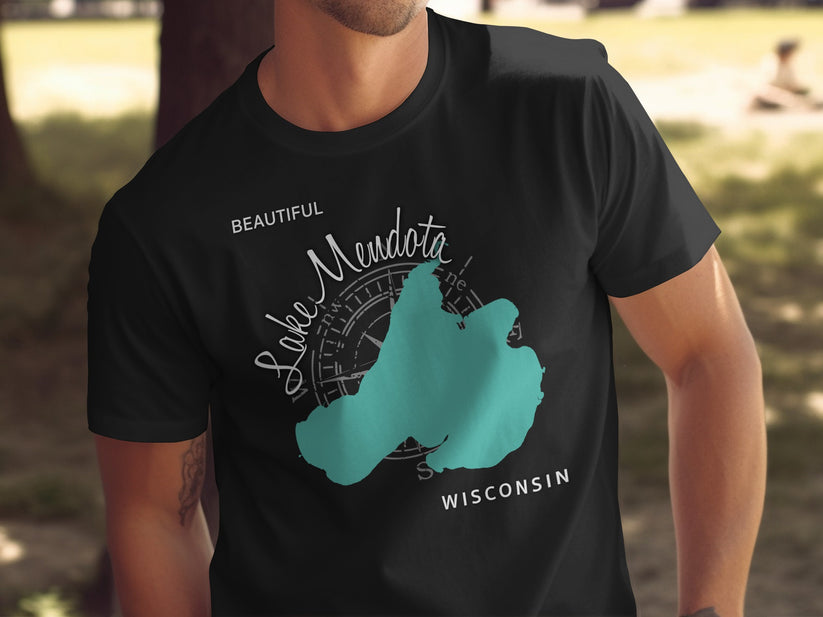 Black t-shirt with Lake Mendota, Wisconsin map and compass design.