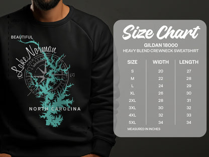 Lake Norman, North Carolina graphic on a black sweatshirt with size chart.