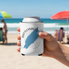 White can koozie with blue Rattlesnake Lake map and Washington text at beach.